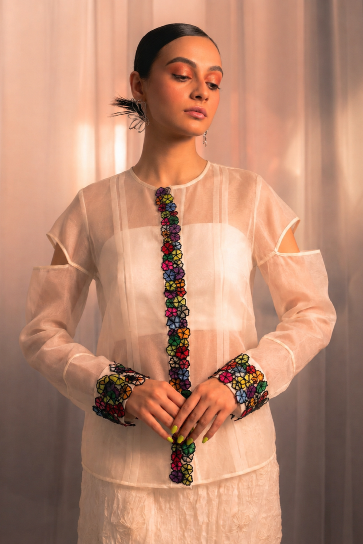Ivory Floral-Embroidered Top