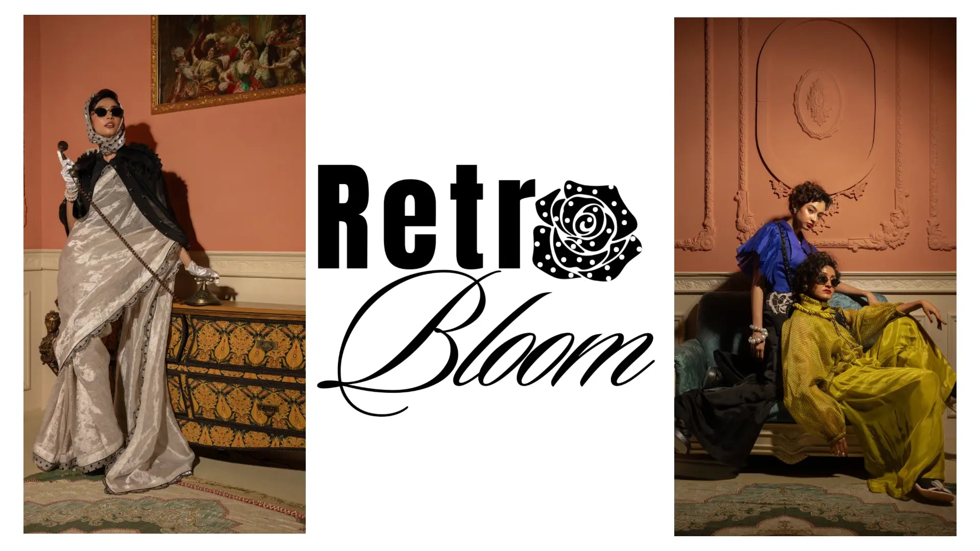 Two women in vintage attire with 'Retro Bloom Collection' logo between them.