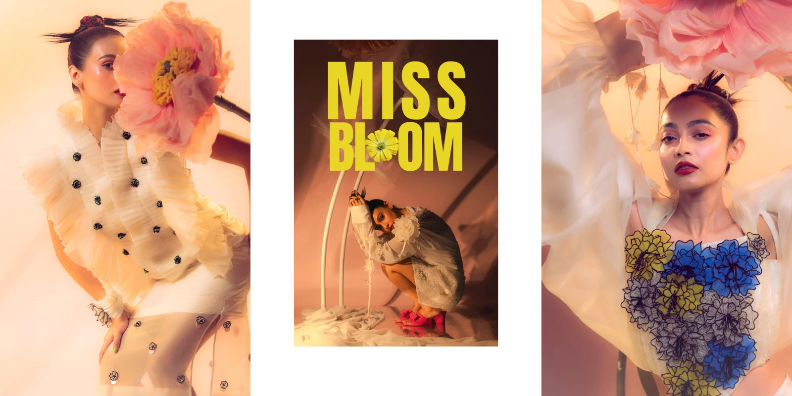 Promotional material for 'Miss Bloom' featuring a woman with floral dress and another with text overlay.