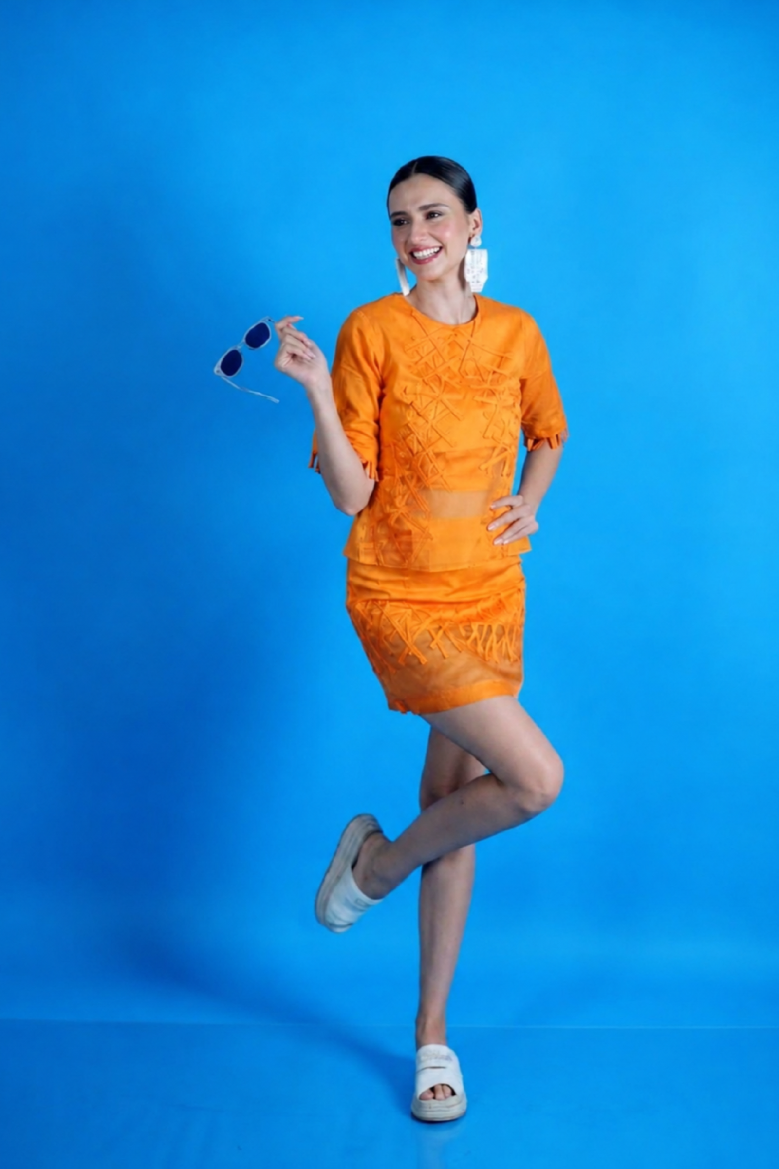 Orange Cord-Embroidered Skirt Set